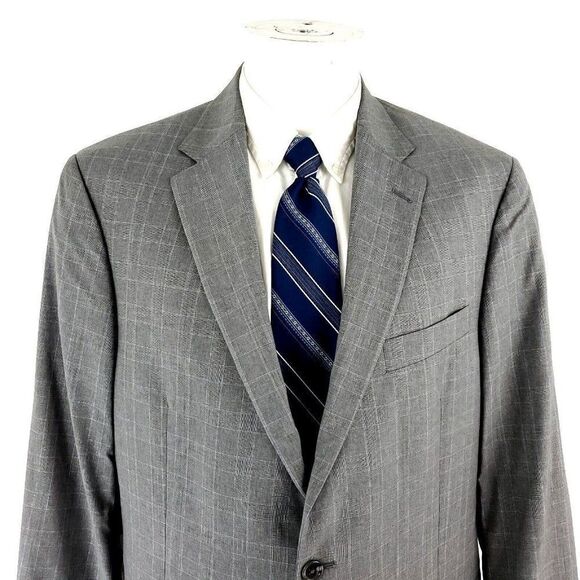Hart Schaffner Marx Guabello Super 130s Wool 2 Button Blazer 42R Gray Plaid Blue - Picture 1 of 11